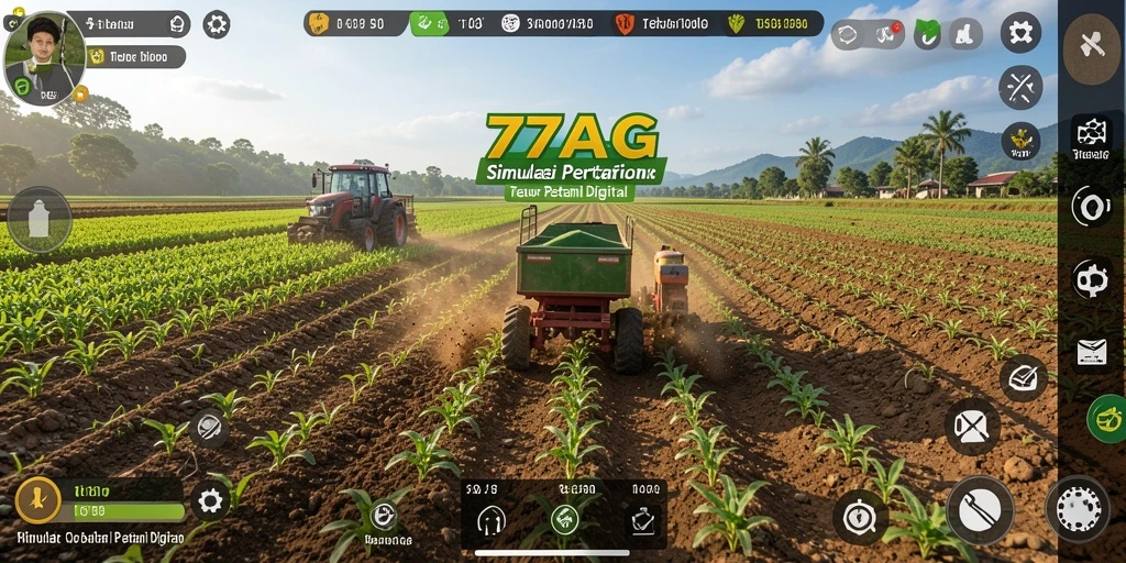 Screenshot permainan 77AG menunjukkan petani yang sedang merawat tanaman.