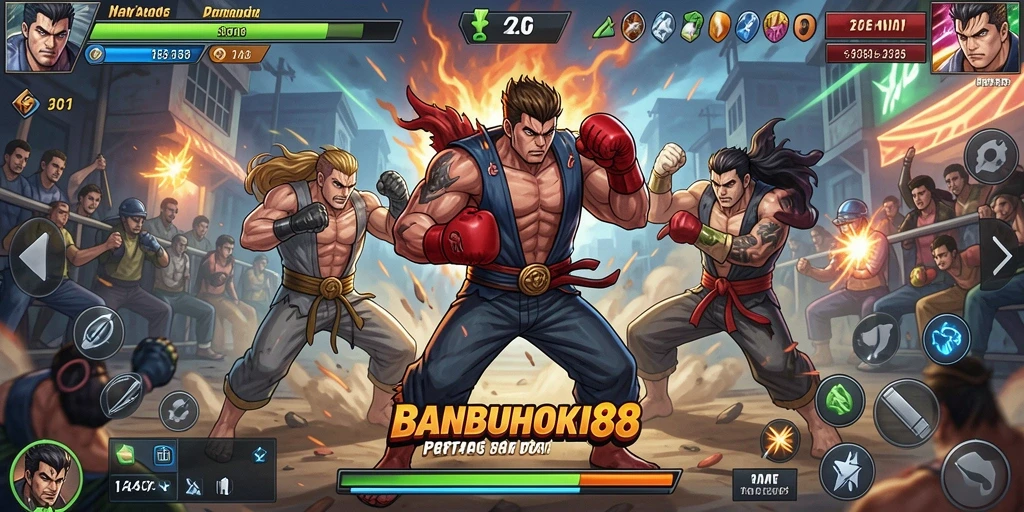 Gambar menampilkan pertarungan seru dengan karakter mengesankan dan arena yang indah.