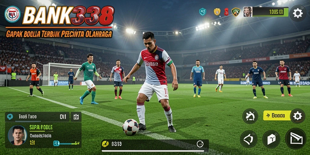 Screenshot menunjukkan aksi intens dalam permainan sepak bola BANK338.