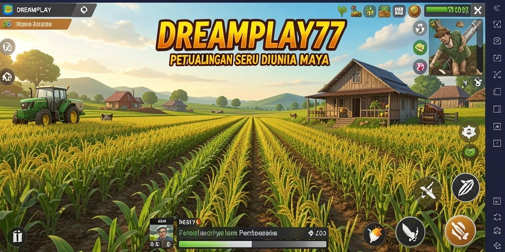 Tampilan gameplay DREAMPLAY77 dengan lahan pertanian yang indah.