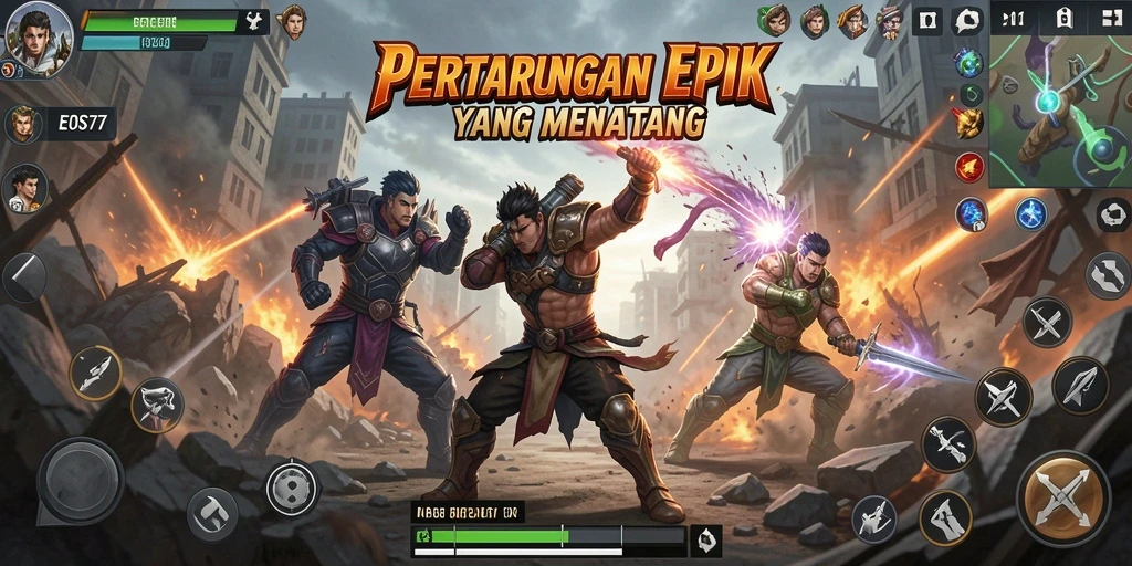 Screenshot gameplay EOS77 menampilkan aksi pertarungan yang intens dan grafis yang menawan.