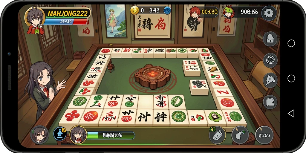 Screenshot gameplay <strong>MAHJONG222</strong> menampilkan karakter Anime yang hidup dan level yang menarik.