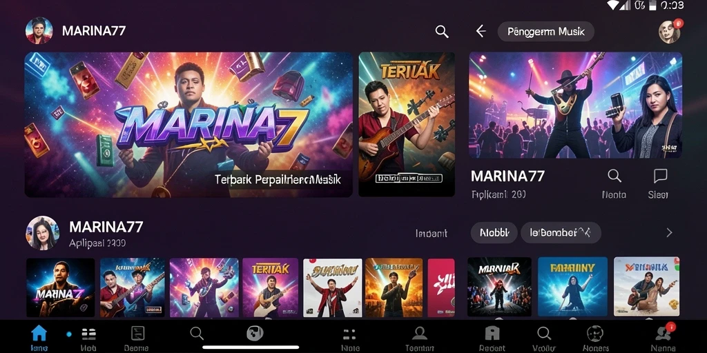 Tangkapan layar utama MARINA77 menampilkan pengguna yang menikmati musik dengan antarmuka sederhana.