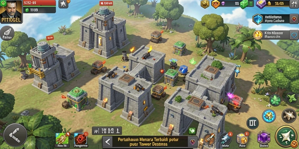 Tangkapan layar gameplay PTTOGEL dengan menara yang menghancurkan musuh.