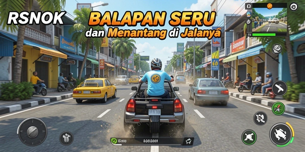 Gameplay RSNOK dengan mobil balap di trek yang menantang.