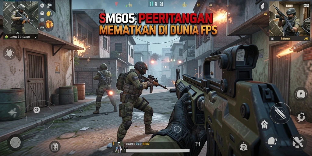 Screenshot utama SM605 menampilkan aksi tembak-menembak yang intens.