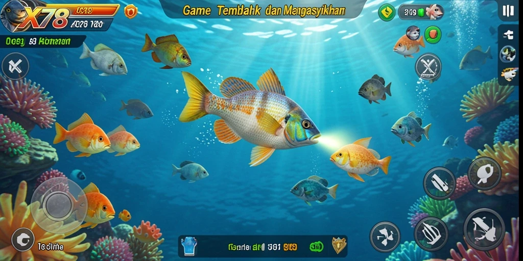 Tampilan gameplay X78 dengan aksi tembak ikan yang seru dan interaktif.